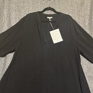 Meomua Black Linen Dress XL Lagenlook Boho Creative Sustainable 3/4 Sleeve